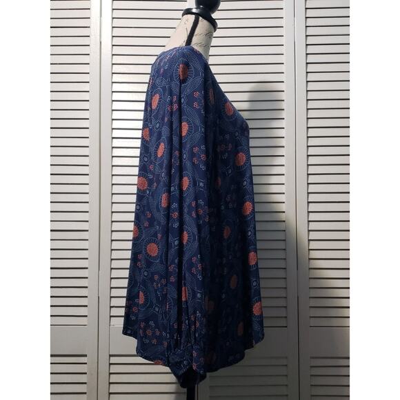 Dip Popover Blouse Women's 3X Blue Geometric Medallion Tie Neck Button Cuff Boho - Picture 3 of 8